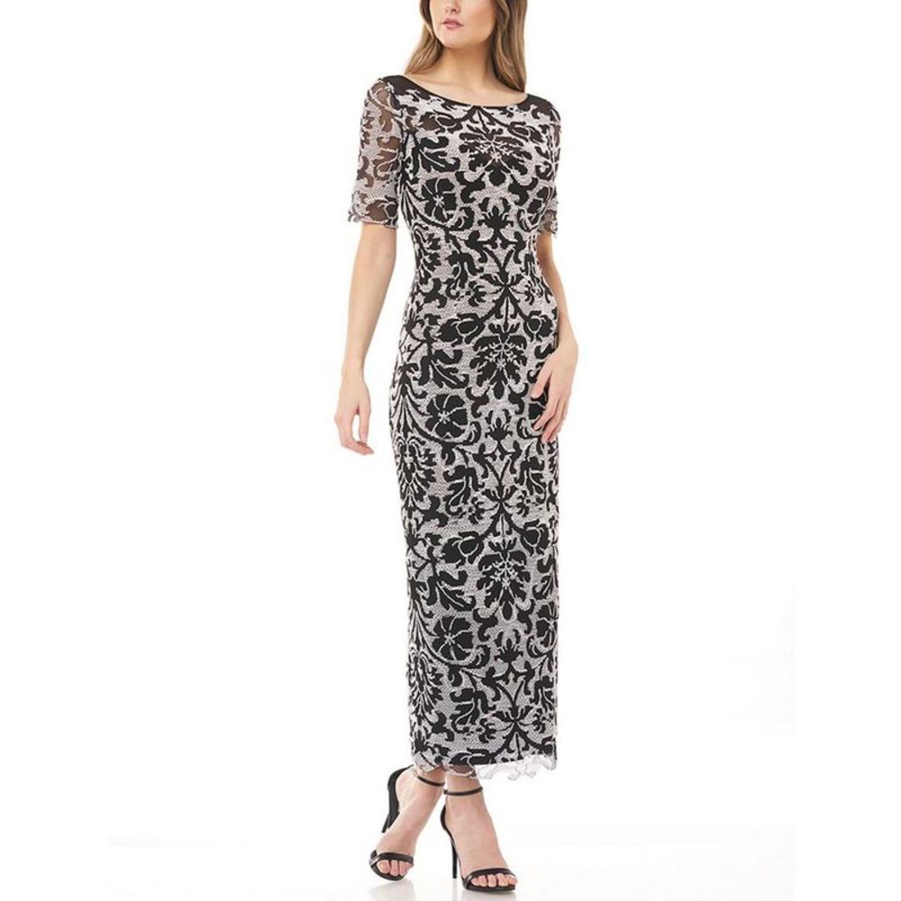 JS Collections Womens Black-Ivory Embroidered Evening Dress Gown NWT